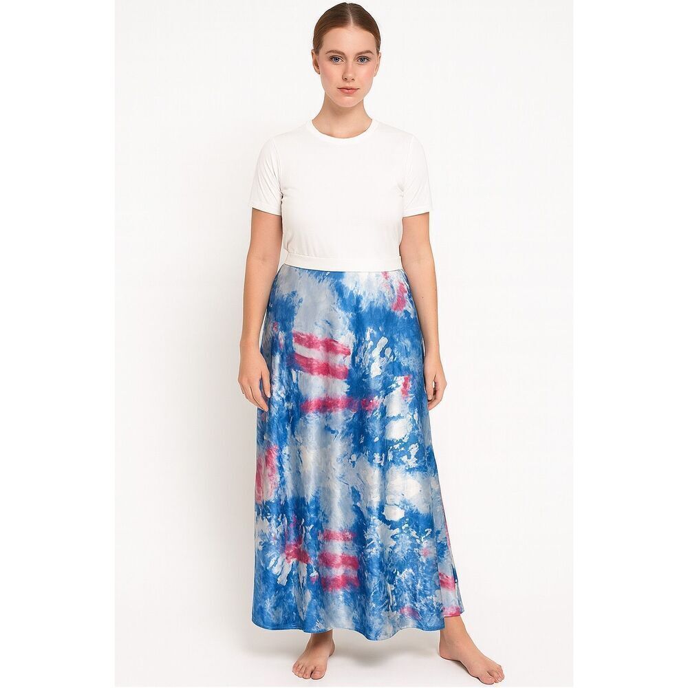 NWT VS PINK Tie Dye Blue Pink & White Maxi Silky Spandex Skirt M